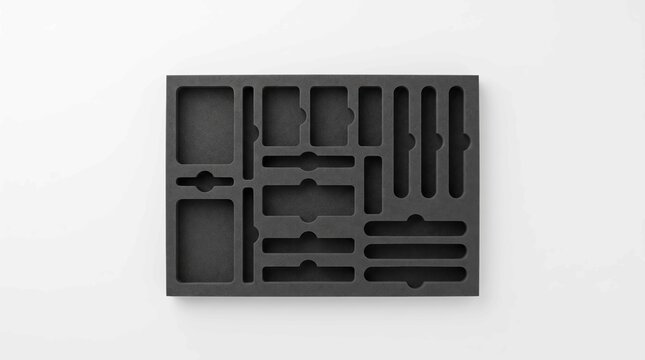 Empty black foam tray insert with various rectangular and rounded compartments for organizing small mechanical parts on a white background