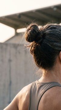Solitary athletic woman gazes across sunlit urban parking rooftop deck view