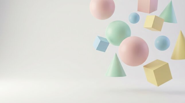 Floating pastel geometric shapes on a neutral background with empty space