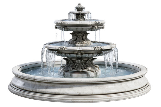 Elegant multi-tiered stone fountain with flowing water against white background
