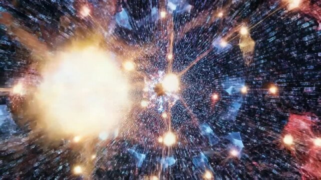 Fast Zooming Through Abstract Digital Data Stream with Glowing Binary Code