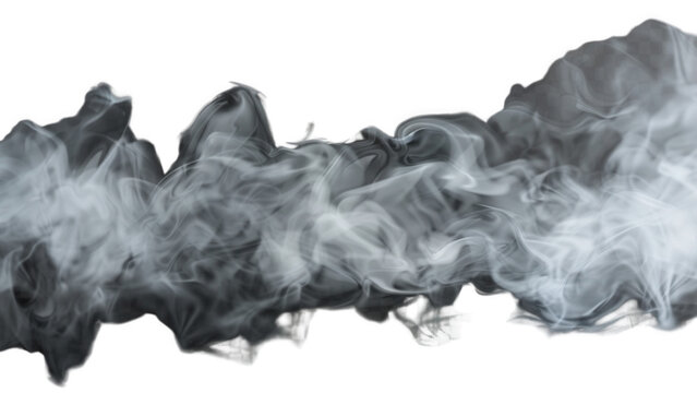 Abstract swirling gray smoke cloud motion effect with intricate wisps on transparent background