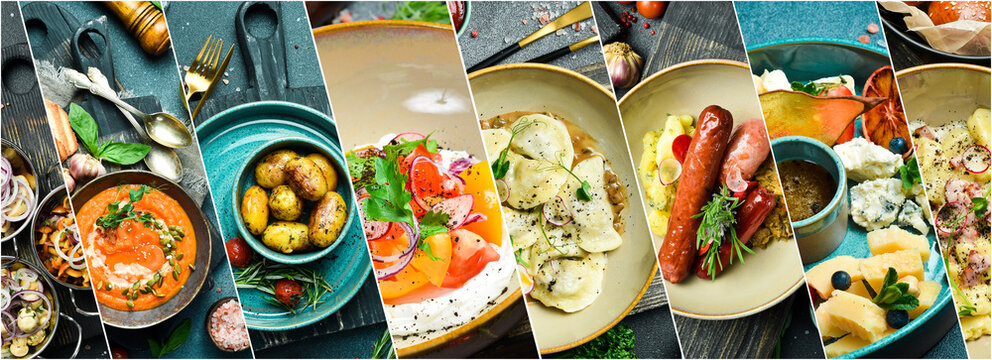 Collage of various food products. photo banner.