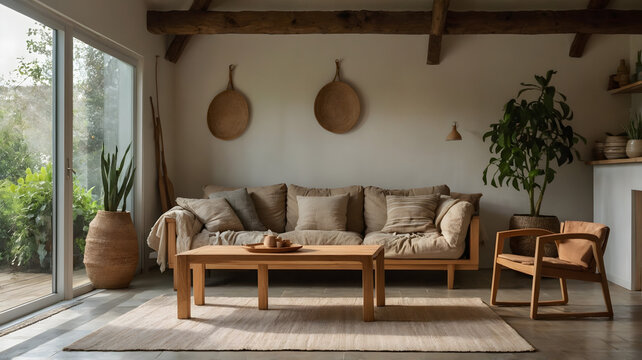 Bright cozy living room interior with beige couch and woven wall decor