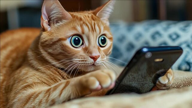 A cat with wide eyes staring at a phone screen in a surprised manner.