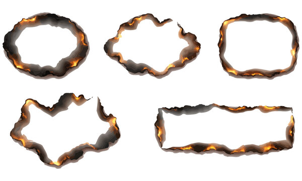 set of realistic effects of burnt and burning paper on a transparent background 
