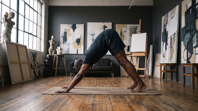 Skilled mature man holds downward dog pose inside creative urban art studio