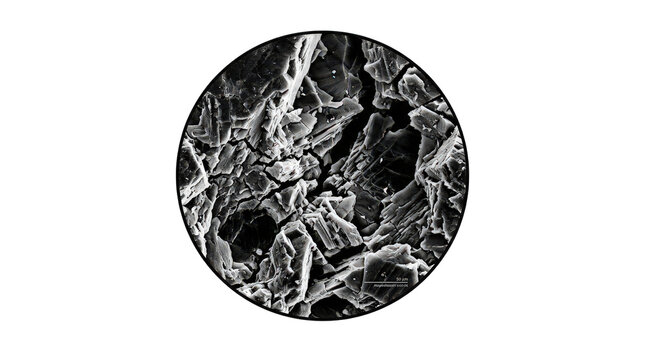 High magnification scanning electron microscope view of a fractured surface texture isolated on transparent background