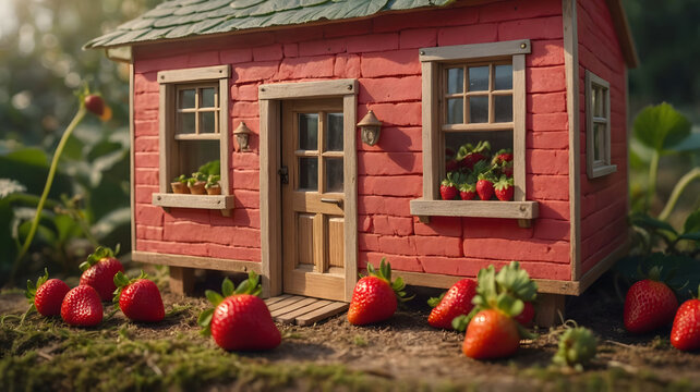 Cozy red country house facade cottage wooden door window fresh vegetables basket