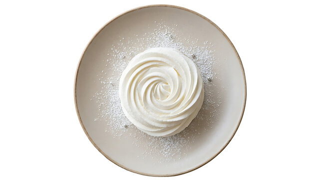 Top View of a Gourmet White Cream Cake Swirl Served on a Minimalist Ceramic Plate with Powdered Sugar Dusting
