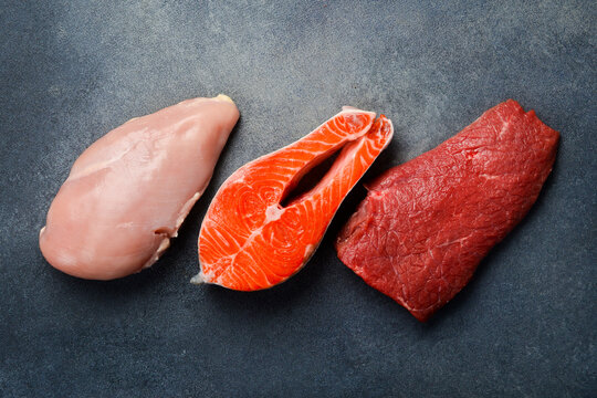 A set of raw steaks: beef, fish and chicken meat. Top view. Healthy food.