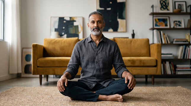Contemplative mature man sits cross legged meditating in modern living room