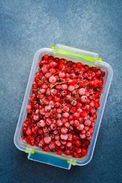 Frozen red currant berries in a plastic box. Preparation of frozen berries for the winter. On a gray stone background. Close-up.