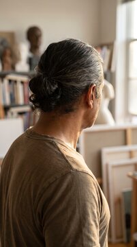 Reflective mature man gazes toward light inside quiet urban artist studio