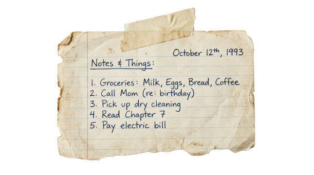 Vintage lined paper note with notes and things isolated on transparent background