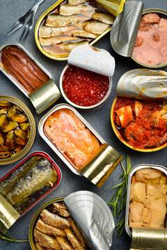 Fish and seafood preserves. Top view, vertical photo. Top view