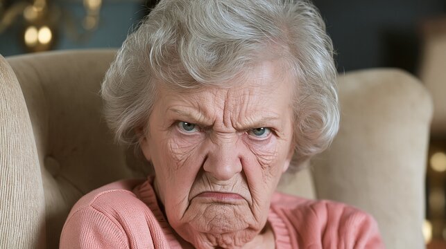 Close-up portrait of an angry elderly woman with deep wrinkles expressing frustration and displeasure