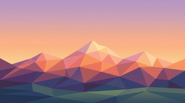 Low poly mountain range illustration with vibrant sunset colors and a peaceful atmosphere