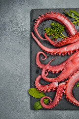 Boiled octopus tentacles on a black slate plate, ready to eat. Close-up. On a gray stone background. © Yaruniv-Studio