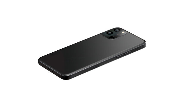 Modern sleek black smartphone device isolated with camera module on transparent background