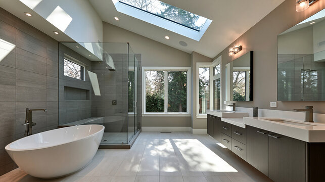 Modern luxury bathroom with freestanding tub, glass shower, and double vanity under a skylight. Ideal for home design.