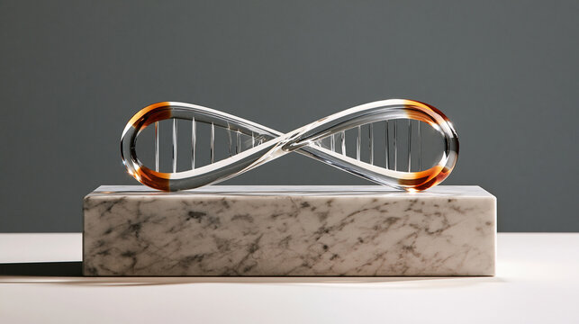 Abstract DNA helix sculpture on a marble base, representing genetics and life sciences. Perfect for medical or research themes.