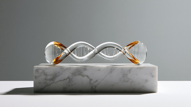Glass DNA helix model with gold accents on marble pedestal. Scientific research and genetic engineering concept.