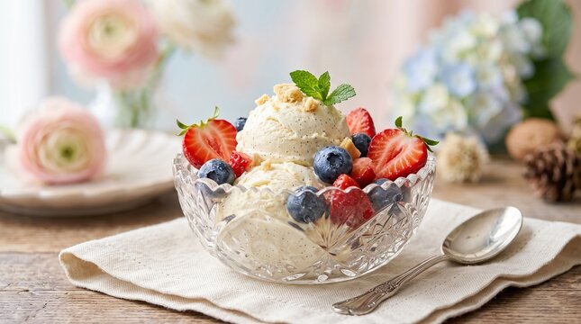 Creamy vanilla ice cream scoops served in a vintage crystal bowl topped with fresh juicy strawberries and plump blueberries garnished with green mint leaves rustic background