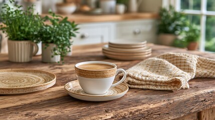 Fototapeta premium Cozy Rustic Kitchen Scene with Coffee Cup, Plates, and Green Plants on Wooden Table