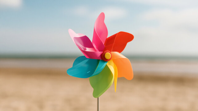 Colorful plastic pinwheel spinning brightly against a sunny beach background. Great for summer vacation concepts and childhood memories.