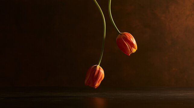 Two orange tulips with long stems hanging gracefully against a dark, textured background. Represents beauty, fragility, and elegance for floral designs.