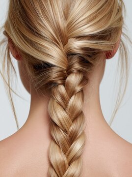 Close-up of a woman's blonde hair styled in a classic French braid, showcasing texture and shine