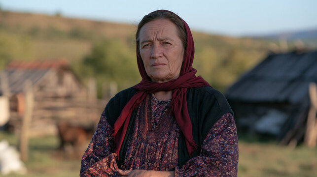 Elderly Woman in Rural Village: A dignified elderly woman with a weathered face and a warm scarf wrapped around her head stands in a rustic village.