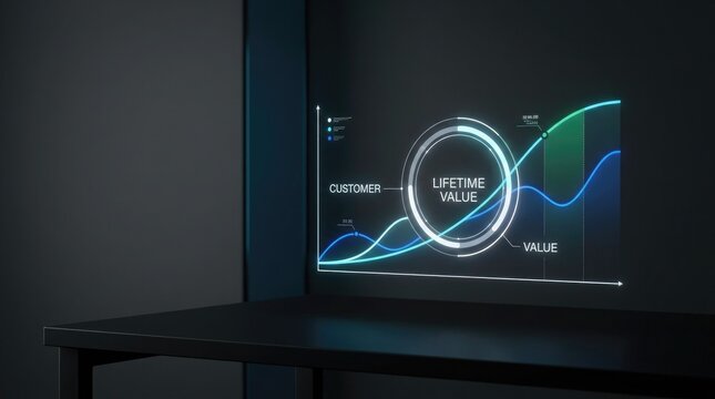 Lifetime customer value chart with rising trend on dark background