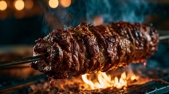 Juicy seasoned meat roasting on a rotating spit over an open charcoal fire with barbecue