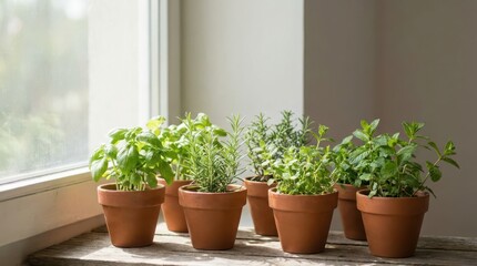 Fototapeta premium A collection of potted herbs and plants sit on a windowsill bathed in soft sunlight