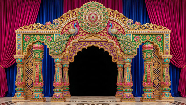 Ornate Indian Royal Wedding Stage Arch with Peacock and Draped Curtains