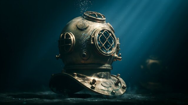 Vintage Diving Helmet in Dark Underwater Scene with Light Rays