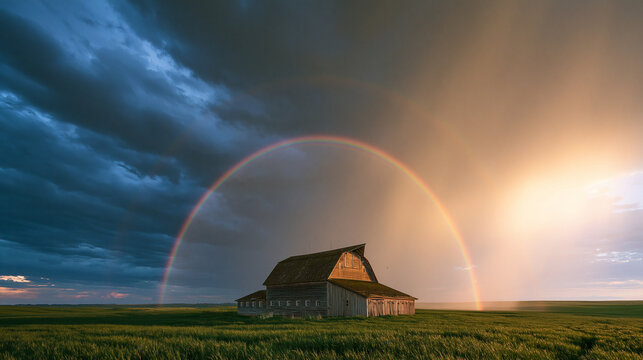 A rustic wooden barn stands in a green field under a dramatic sky, perfectly framed by a vibrant full rainbow. This idyllic scene symbolizes hope and resilience.