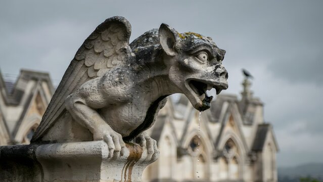 Majestic Stone Gargoyle with Wings Overlooking Gothic Architecture