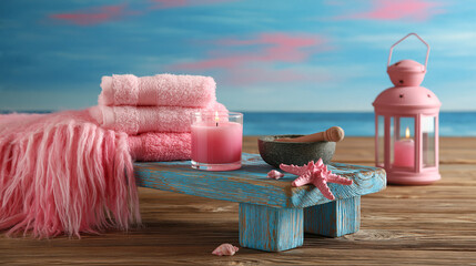 Naklejka na ściany i meble Spa and wellness setup with pink towels candle lantern sea view wellness relaxation