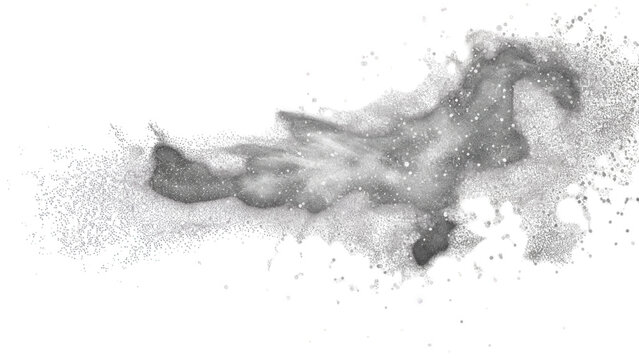 Abstract black particle explosion forming smoke clouds with dynamic black on transparent background