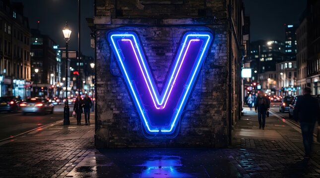 Bright blue neon letter v sign on a dark city street wall