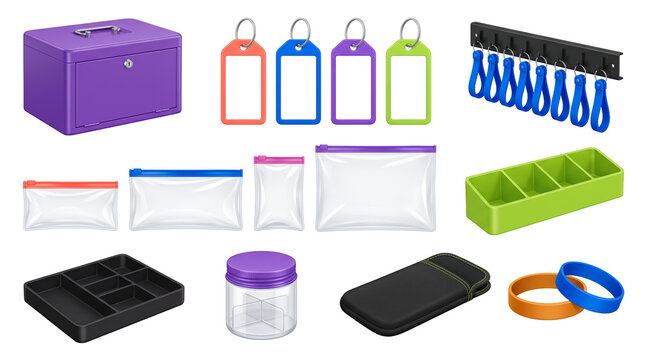Industrial Storage and Labeling Accessories Set with Foldable Crates Scanner Lights Strap and Label Cards Isolated on Transparent Background