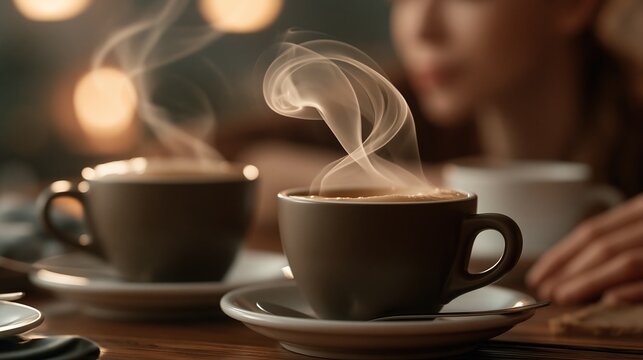 Steaming hot coffee in ceramic cups on a wooden table, cozy cafe atmosphere with blurred background