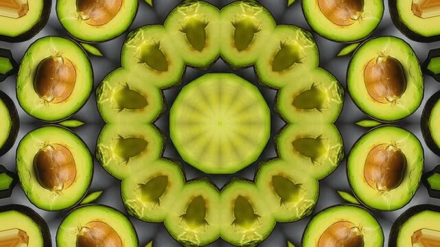 Seamless looping avocado kaleidoscope motion animation video background featuring natural green patterns and pits for modern food and healthy lifestyle media
