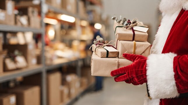 Santa Claus holding stack of wrapped Christmas gifts in a warehouse distribution center