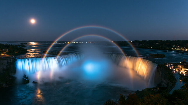 Night view of an illuminated waterfall with a double moonbow and full moon. Ideal for travel and nature themes.