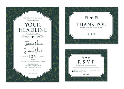  Dark Green Gold Outline Botanical Wedding Invitation Suite Vector Template

