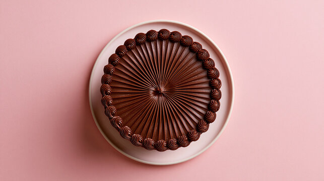 Rich chocolate cake with elegant frosting swirl on a pink background. Perfect for celebrations and dessert advertising.